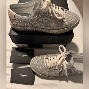 Saint Laurent Silver Glitter Low-Top Sneakers Good Condition size 37 EUR 7.5 us